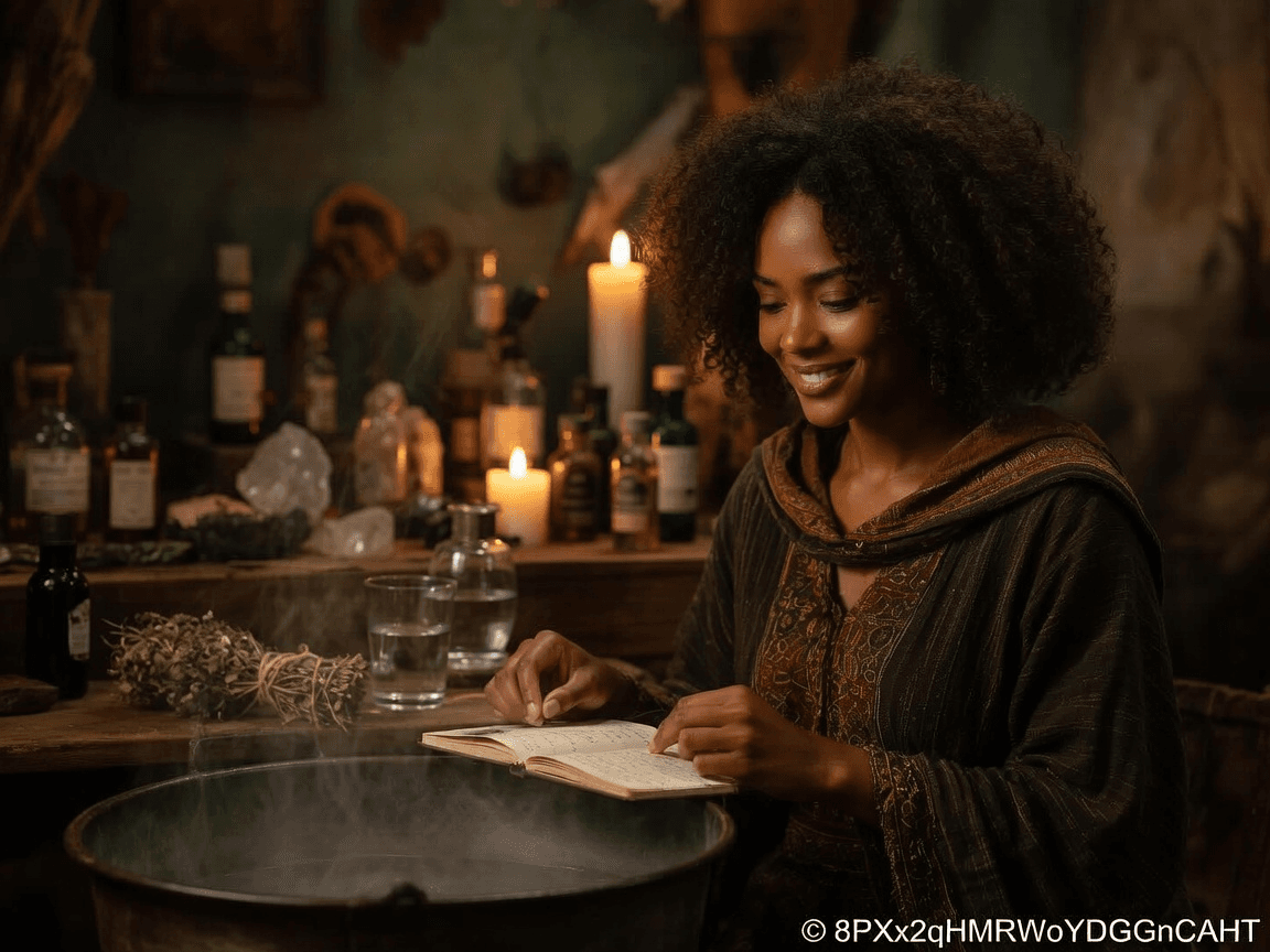 A woman reading by candlelight at a working altar