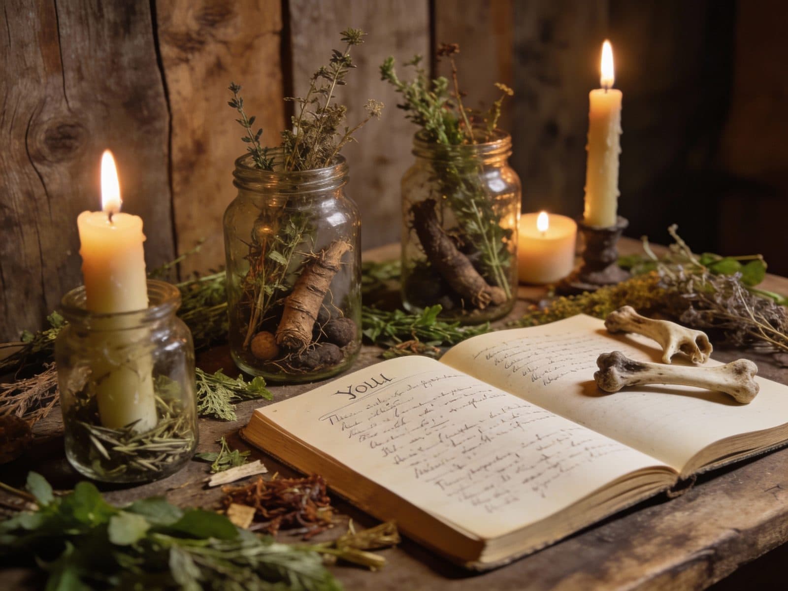 Candles, jars of roots, and an open handwritten book by lamplight