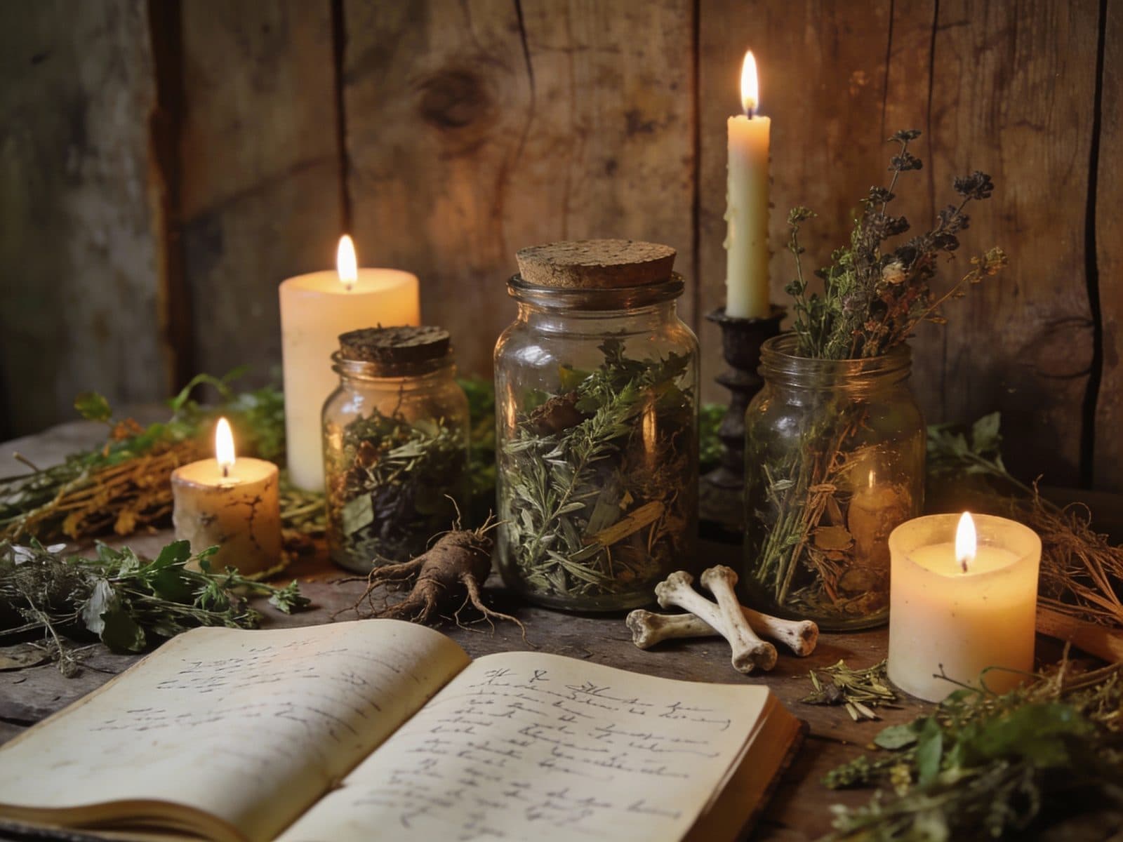 Dried herbs, candles, and a handwritten journal on a worn wooden table